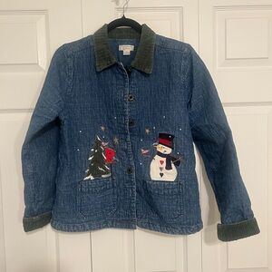 Christmas Christopher & Banks Blue Denim Jacket with Snowman and Tree Design